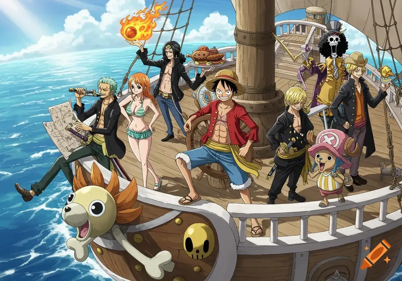 Die One Piece Crew versammelt sich auf ihrem Schiff, bereit für neue Abenteuer auf hoher See.