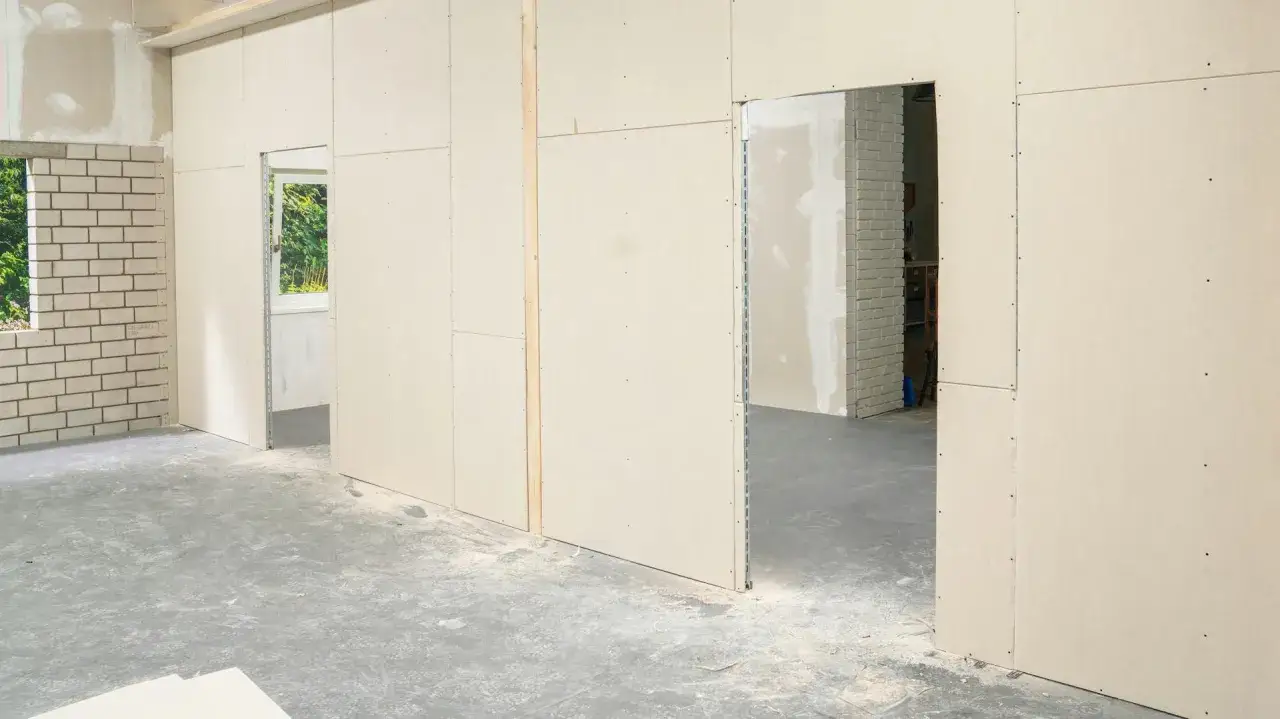 Ein Raum wird mit einer Trockenbauwand gebaut. Sichtbar sind die Gipskartonplatten, Türöffnungen und eine Ziegelwand.