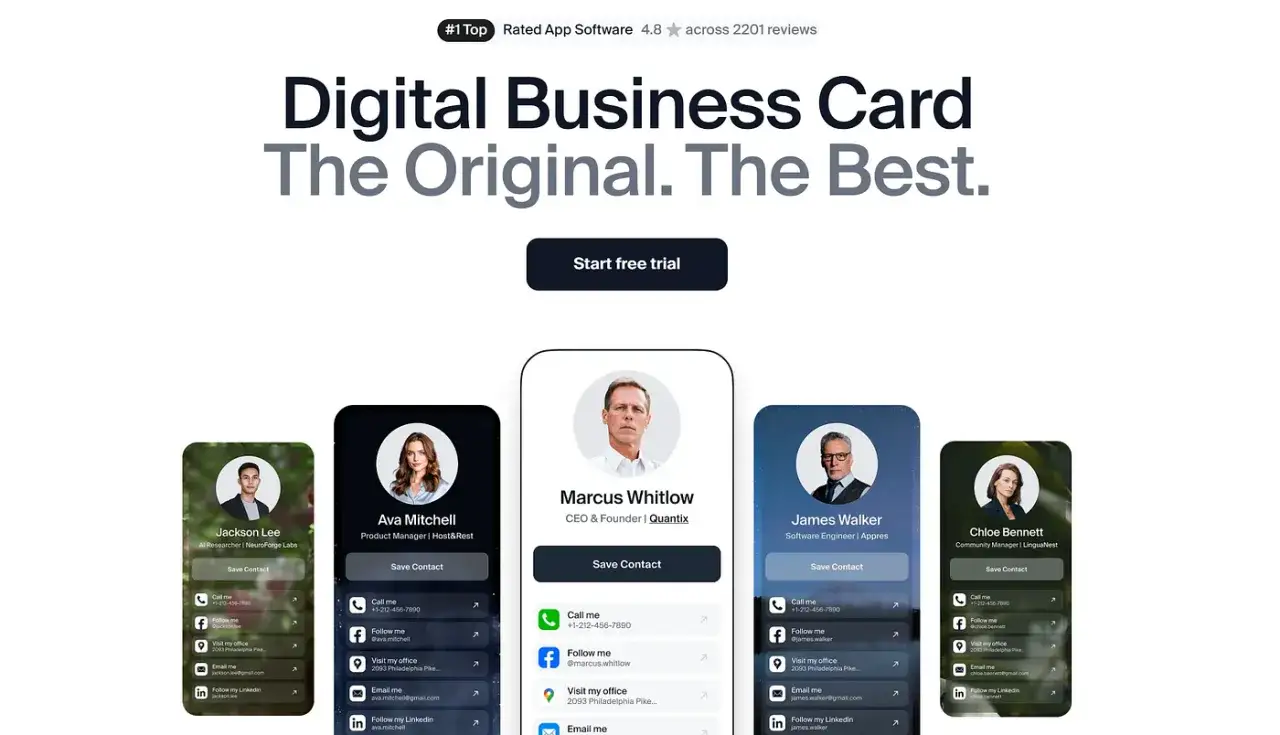 Learn how to make a digital business card with this app. See examples of professional digital cards for Jackson, Ava, Marcus, James, and Chloe.