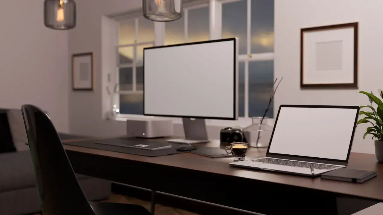 Elegancki laptop ze stacją dokującą, monitor, aparat i filiżanka kawy na biurku.