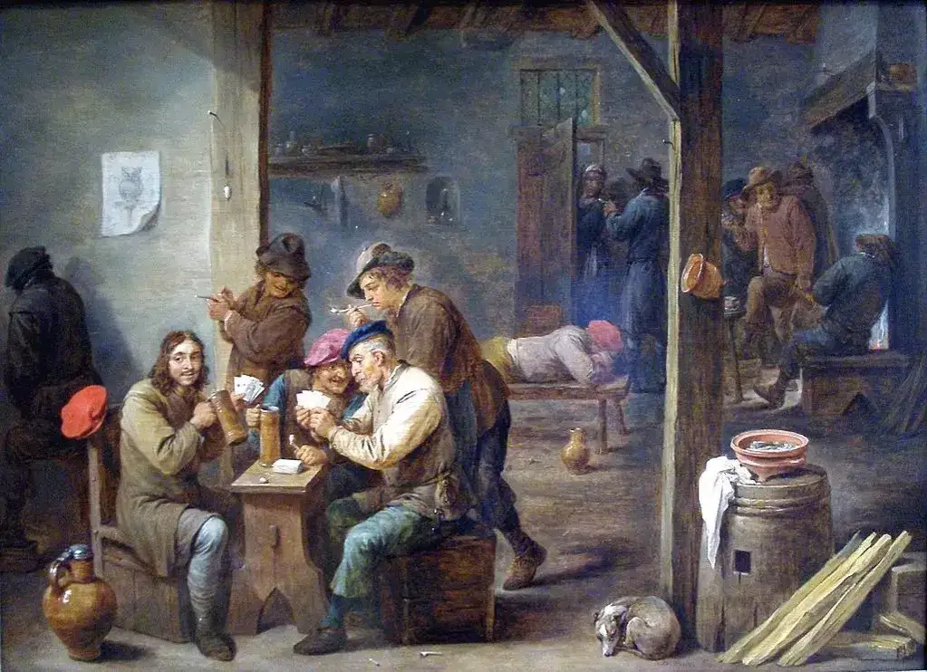 Ilustraci&oacute;n de taberna medieval espa&ntilde;ola con gente comiendo