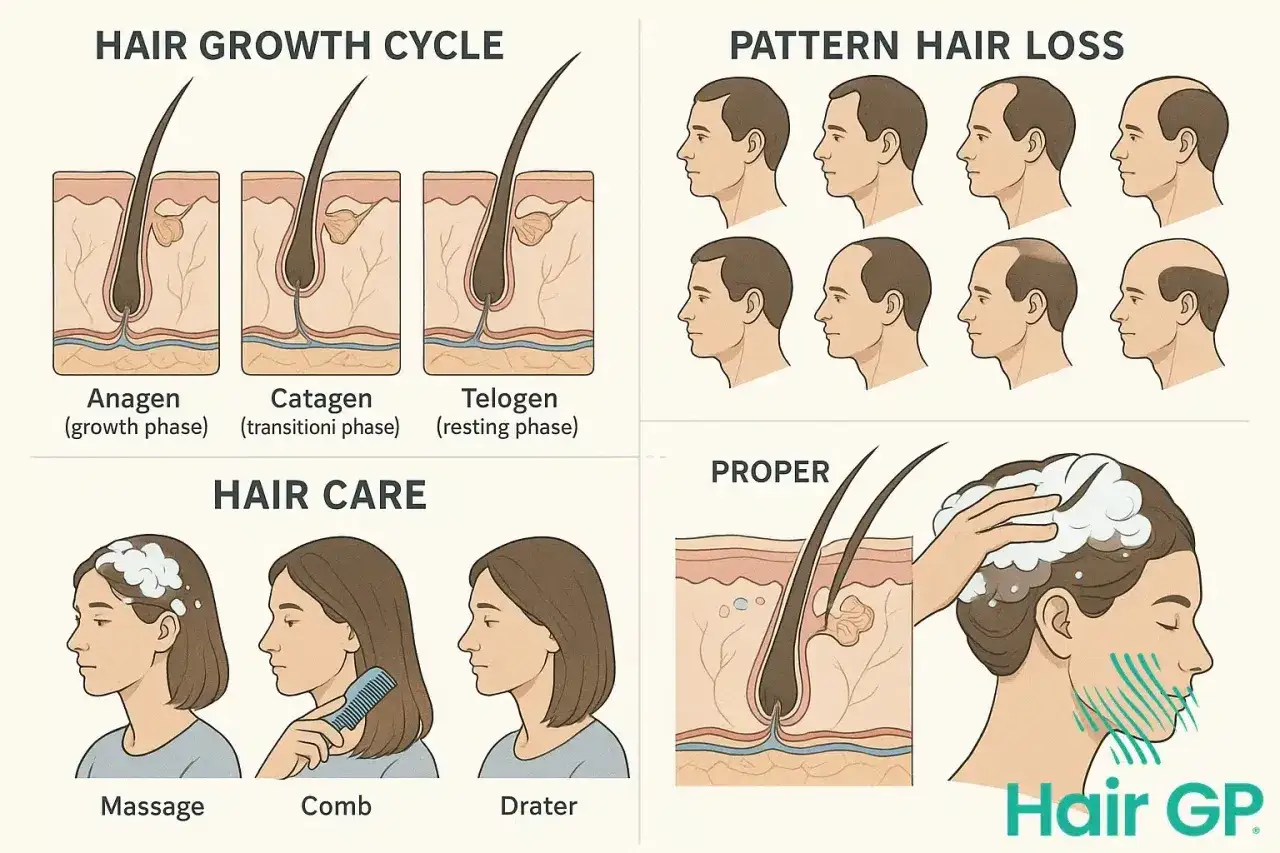 Grafik zeigt Haarwachstumszyklus, Haarausfallmuster und Haarpflege. Tipps zur Haarpflege helfen, Haarausfall zu verhindern.