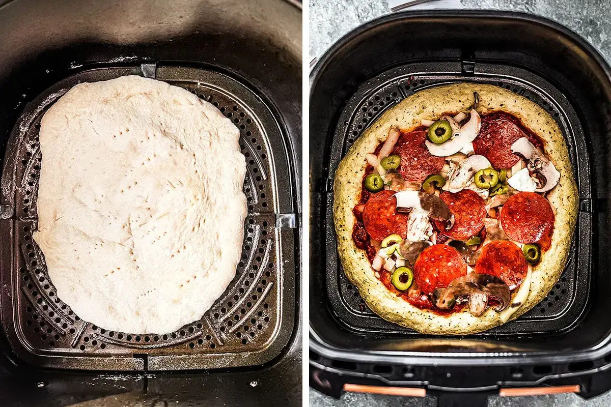 En pizza i airfryer, först med deg, sedan färdig med pepperoni, svamp och oliver. Enkel och god pizza i airfryer!