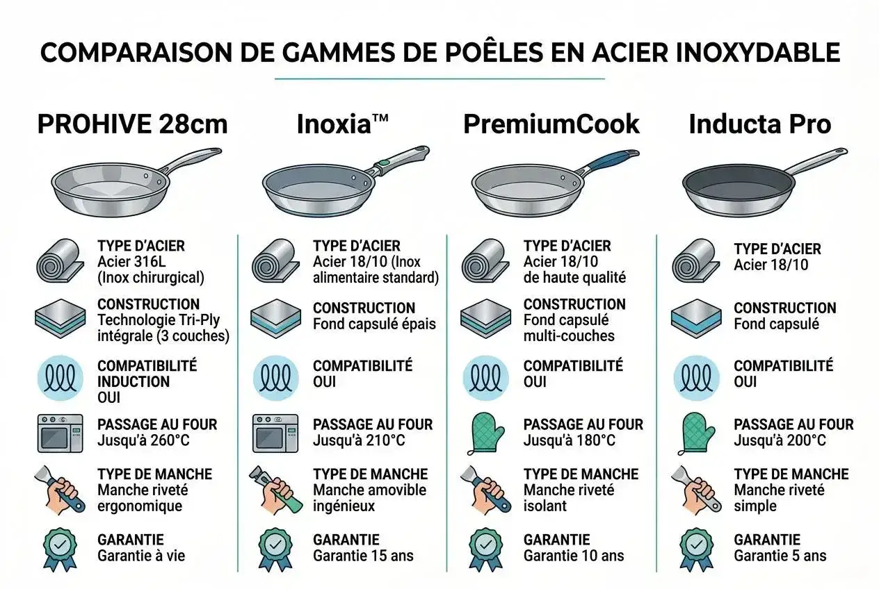Comparaison de poêles en acier inoxydable : Prohive, Inoxia, PremiumCook, Inducta Pro. Chaque modèle présente un type d'acier, une construction et une garantie distincts.