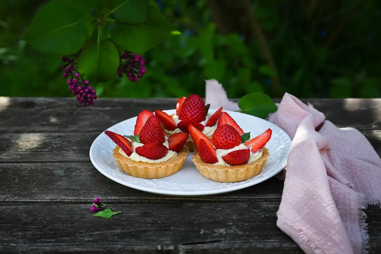 Drei köstliche Erdbeer Tartelettes mit frischen Erdbeeren und Vanillecreme auf einem weißen Teller, garniert mit Minze.
