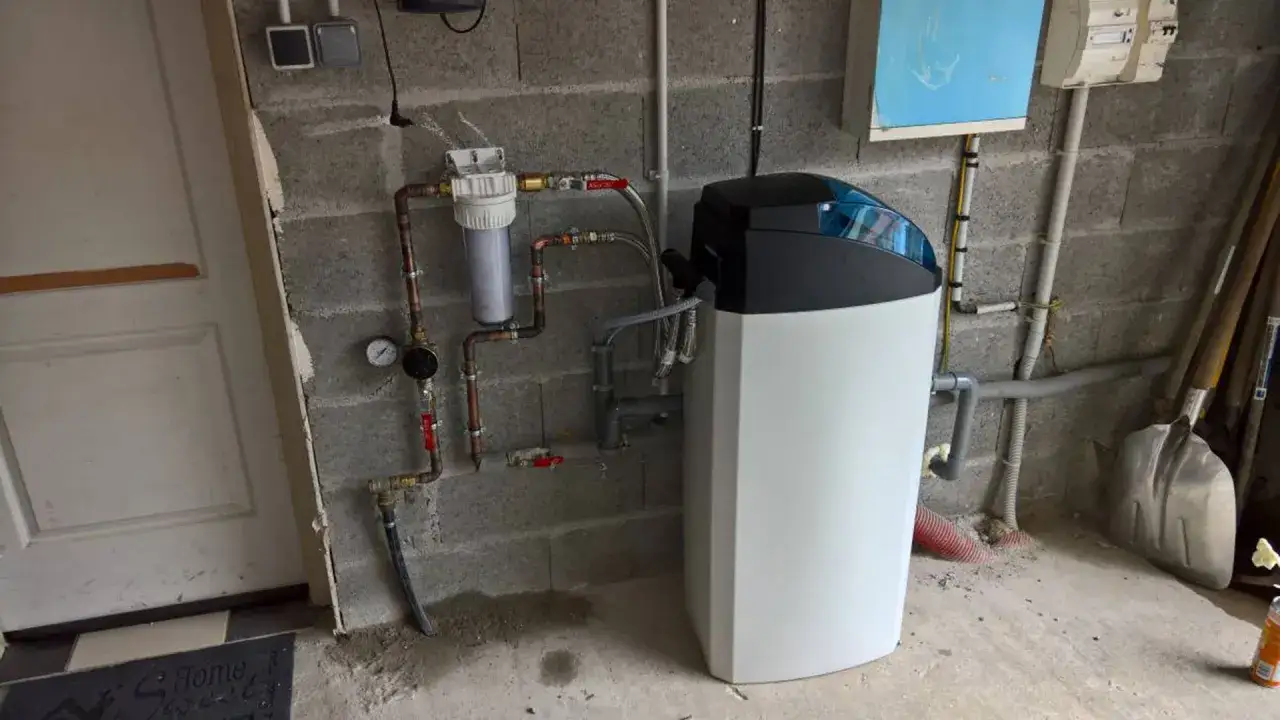Syst&egrave;me de traitement d'eau avec adoucisseur pour une eau d&eacute;carbonat&eacute;e. Tuyauterie en cuivre, filtre et manom&egrave;tre visibles.