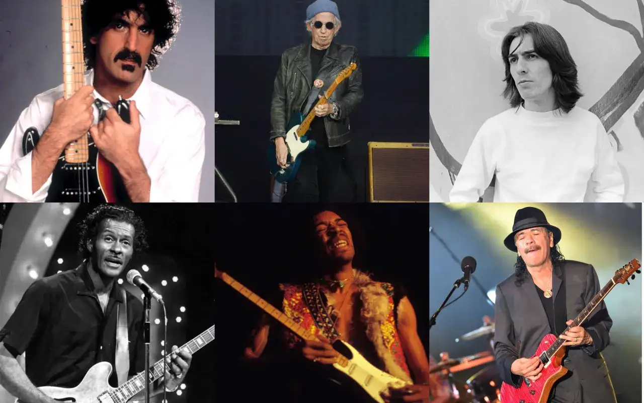 Frank Zappa, Keith Richards, George Harrison, Chuck Berry, Jimi Hendrix e Carlos Santana: sei leggende della chitarra, ognuno un chitarrista famoso americano o di fama mondiale.