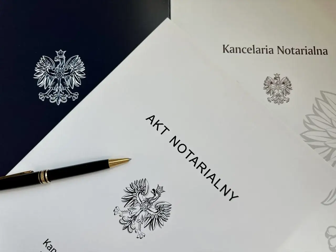 Akt notarialny i długopis czekają na podpis. Kancelaria notarialna gotowa do działania.