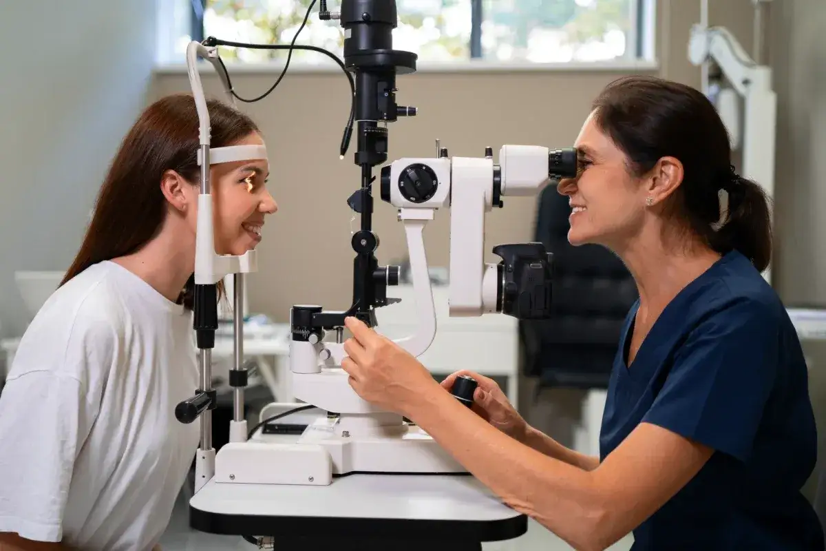 Optometrysta bada wzrok młodej kobiety za pomocą specjalistycznego sprzętu.