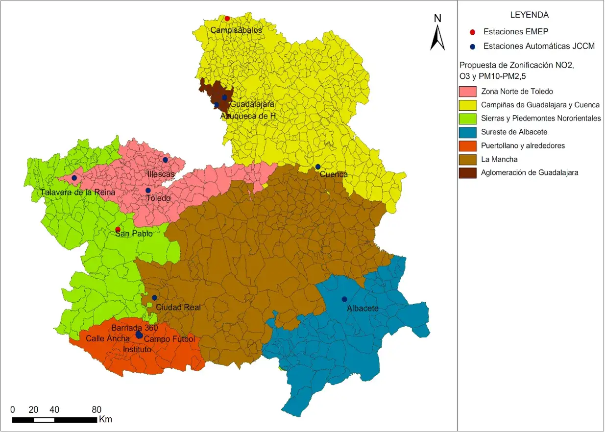 Mapa de zonificaci&oacute;n de la calidad del aire en Guadalajara y otras provincias. Muestra estaciones de monitoreo y zonas geogr&aacute;ficas.