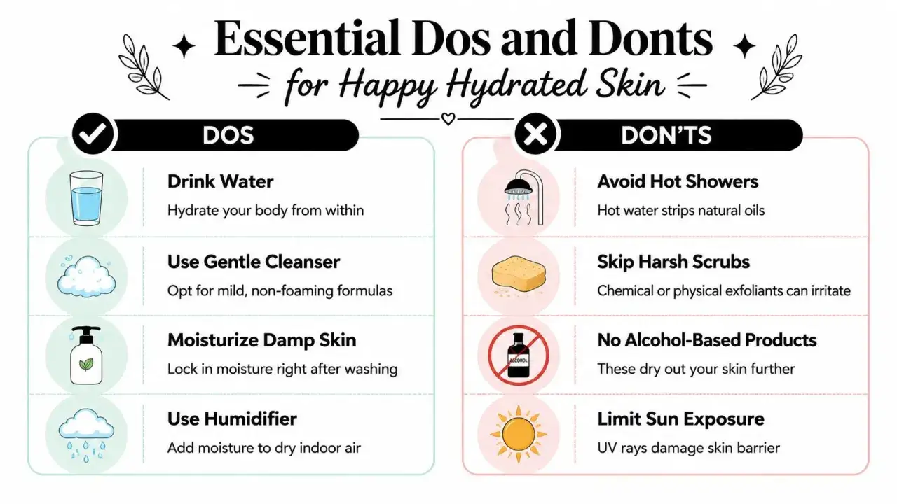 Conseils pour une peau hydratée : boire de l'eau, utiliser un nettoyant doux, hydrater la peau humide, utiliser un humidificateur. Éviter les douches chaudes, les gommages agressifs, les produits à base d'alcool et le soleil excessif pour prévenir la p...