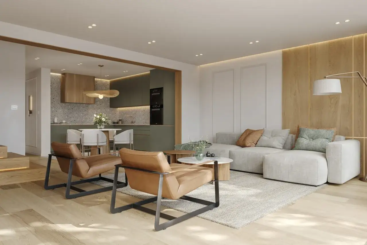 Elegantes colores para habitaciones: tonos verdes en cocina, marrones cálidos en sillones y sofás grises, creando un ambiente acogedor.