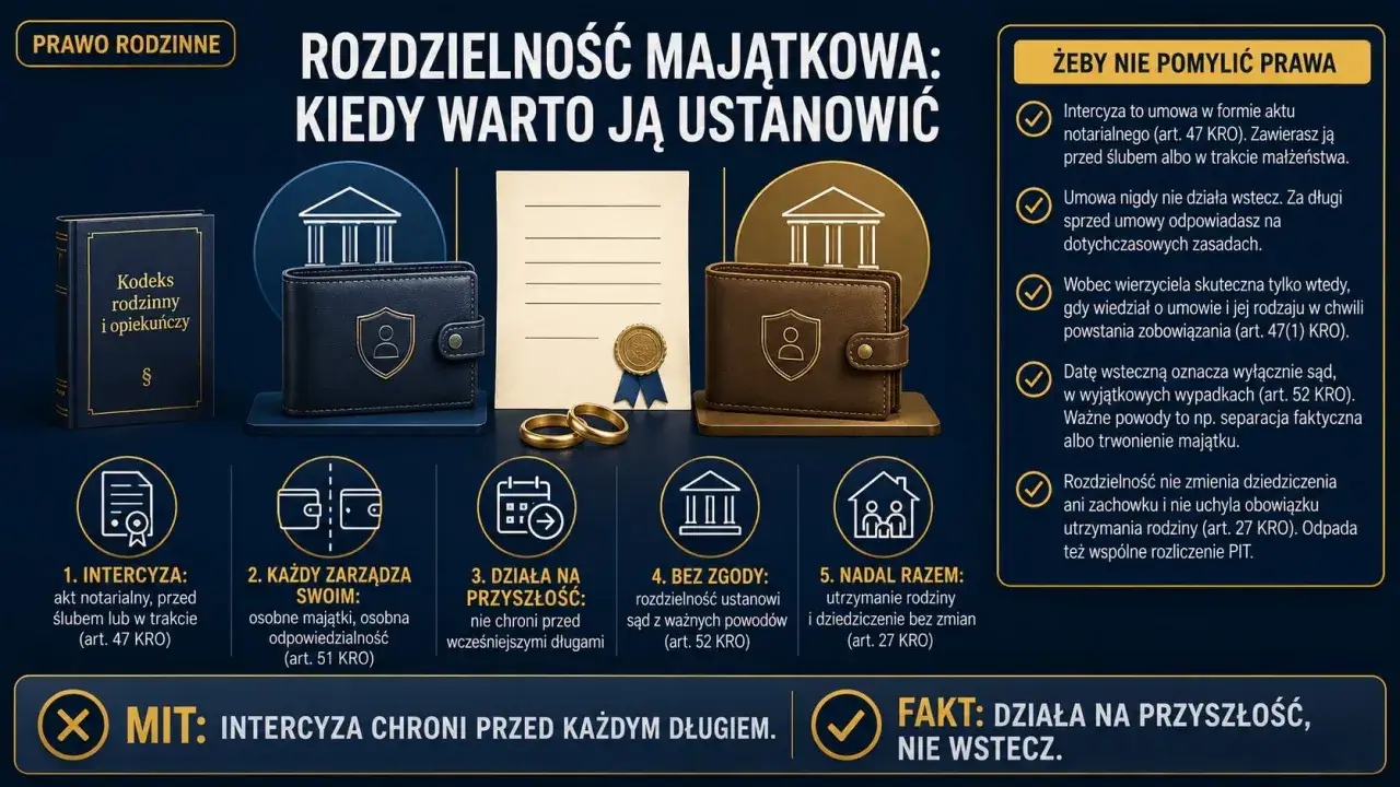 Rozdzielność majątkowa: intercyza chroni przed długami przyszłymi, nie przeszłymi. Akt notarialny, portfele, obrączki.