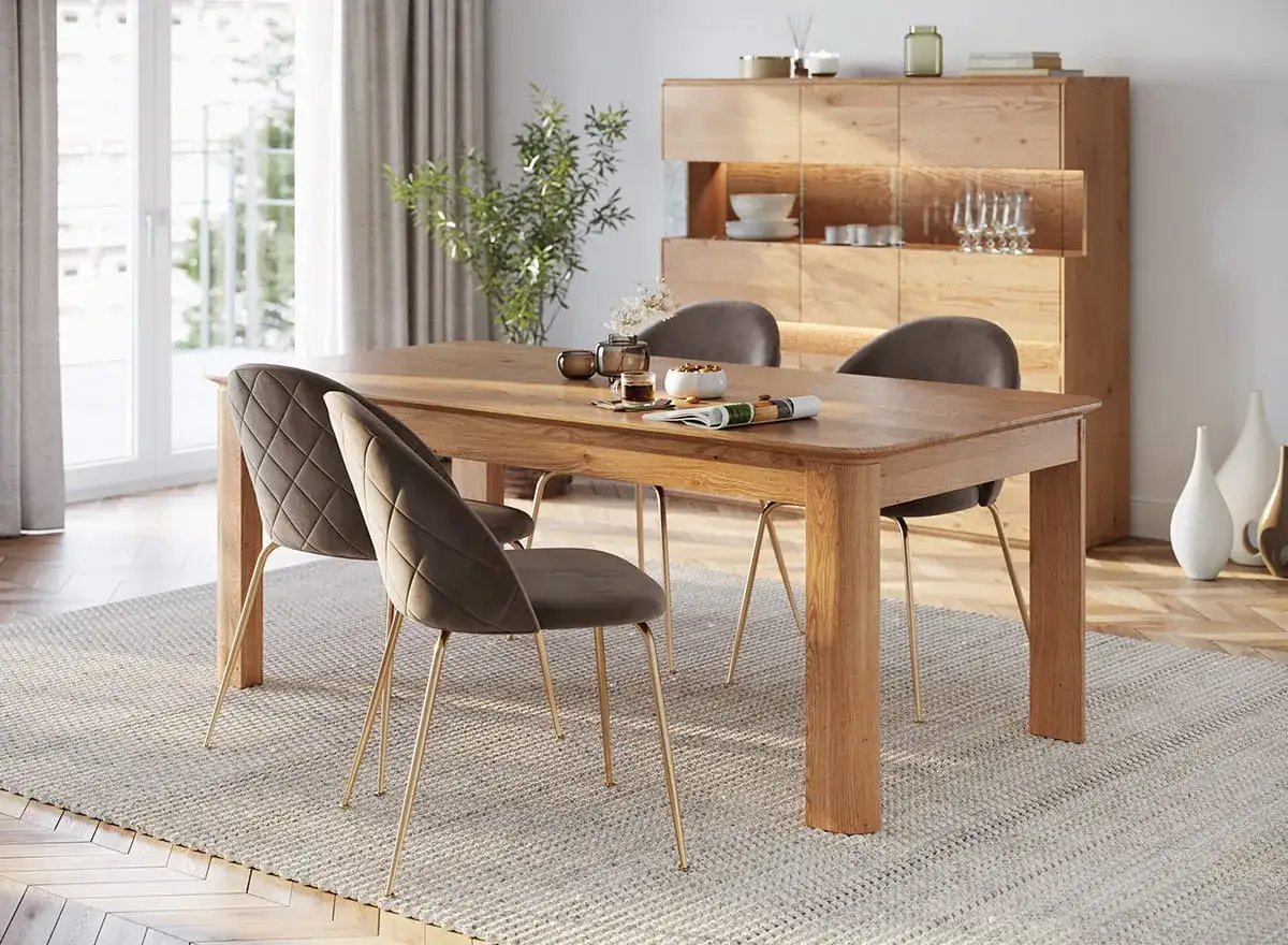 Tavolo in legno per 8 persone, misure ideali per cene conviviali. Sedie imbottite e credenza moderna completano l'arredo.