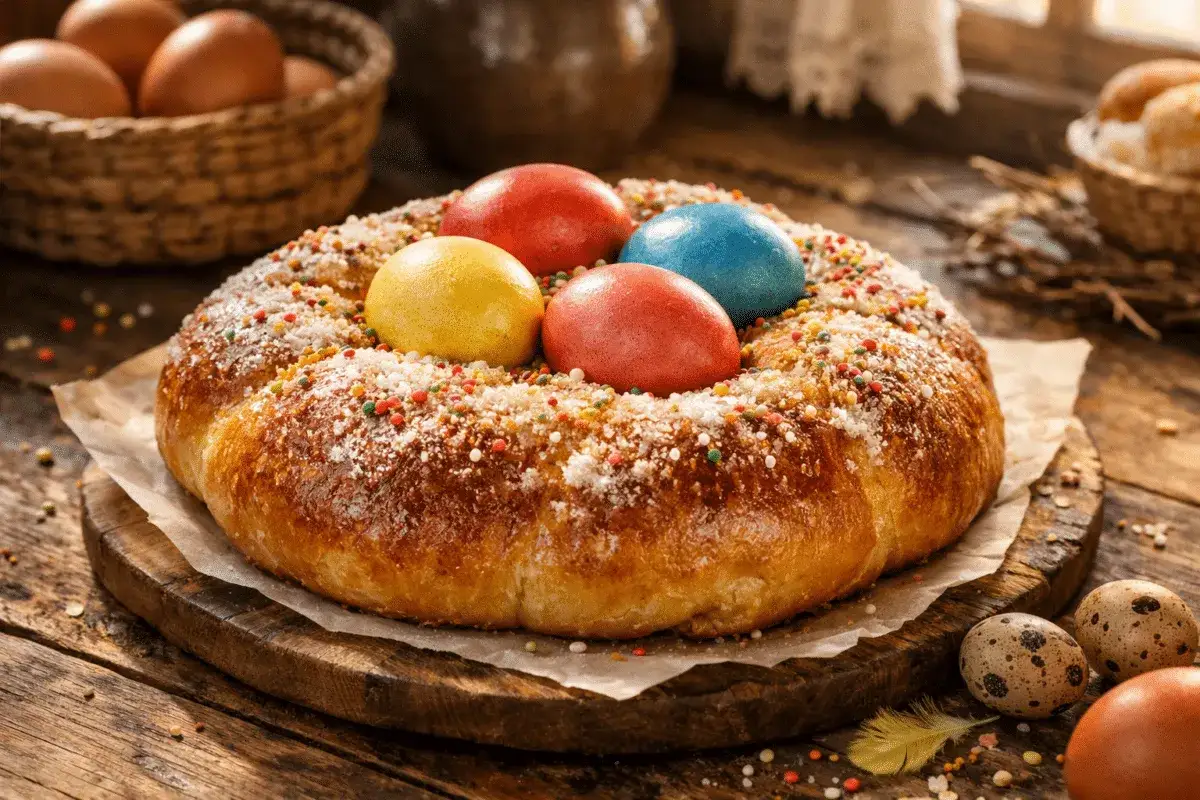 Mona de Pascua esponjosa decorada con huevos de colores y espolvoreada con azúcar y virutas. ¡Perfecta para tu receta!