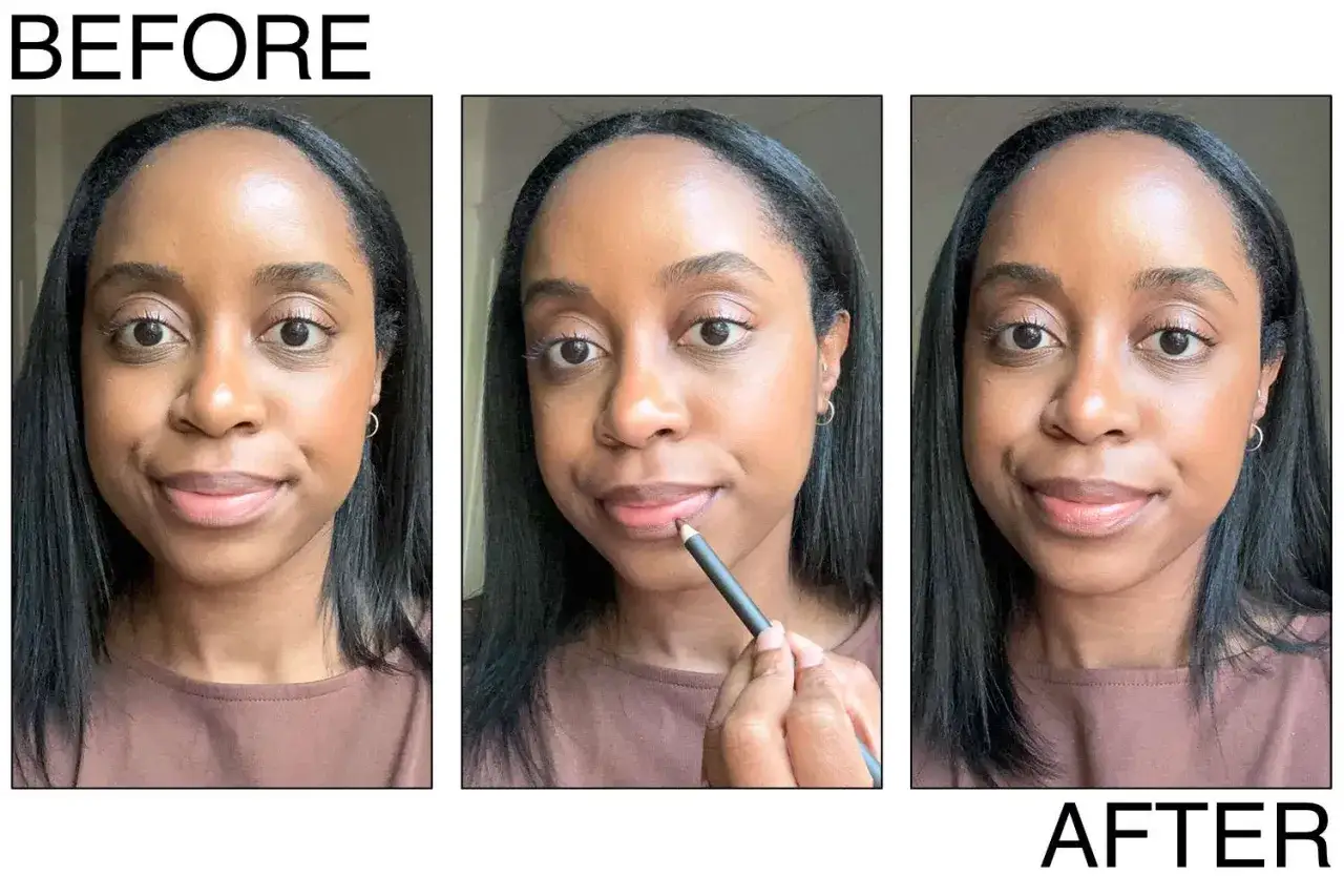 Avant/apr&egrave;s : une femme applique un crayon &agrave; l&egrave;vre transparent pour d&eacute;finir ses l&egrave;vres.
