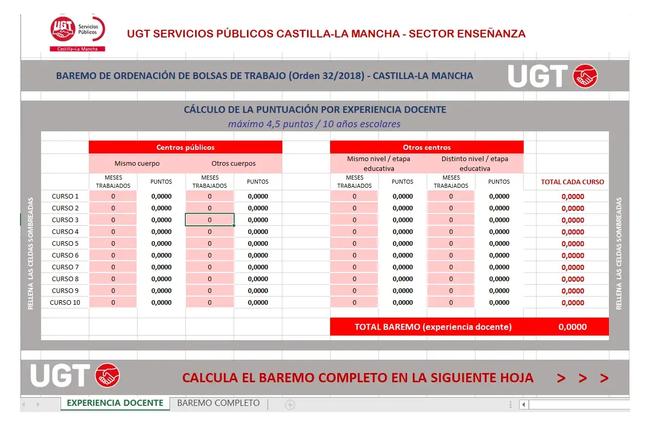 Tabla UGT para calcular m&eacute;ritos para oposiciones. Muestra puntuaci&oacute;n por experiencia docente en centros p&uacute;blicos y otros centros.