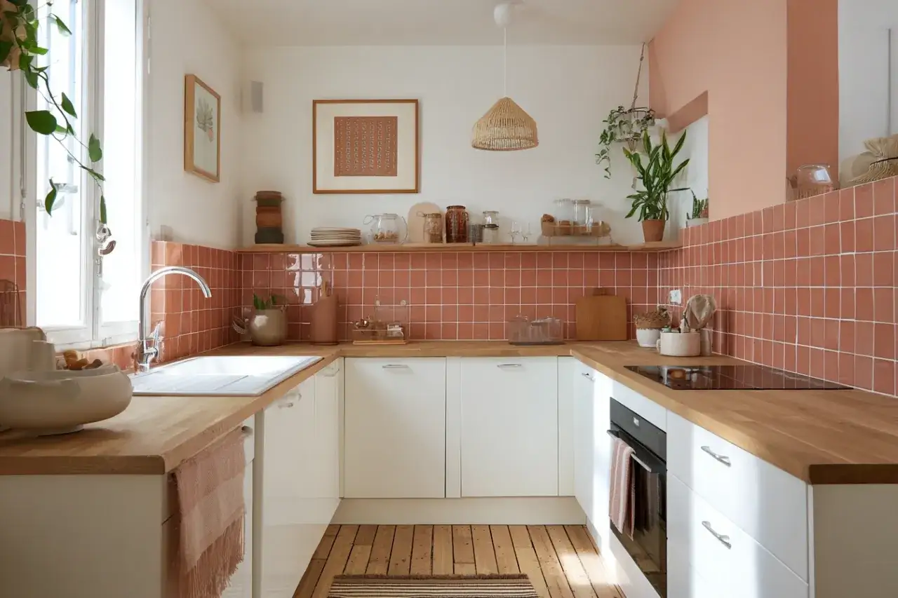 Cuisine chaleureuse avec cr&eacute;dence en carreaux de terre cuite, plan de travail en bois et murs peints en rose p&acirc;le.