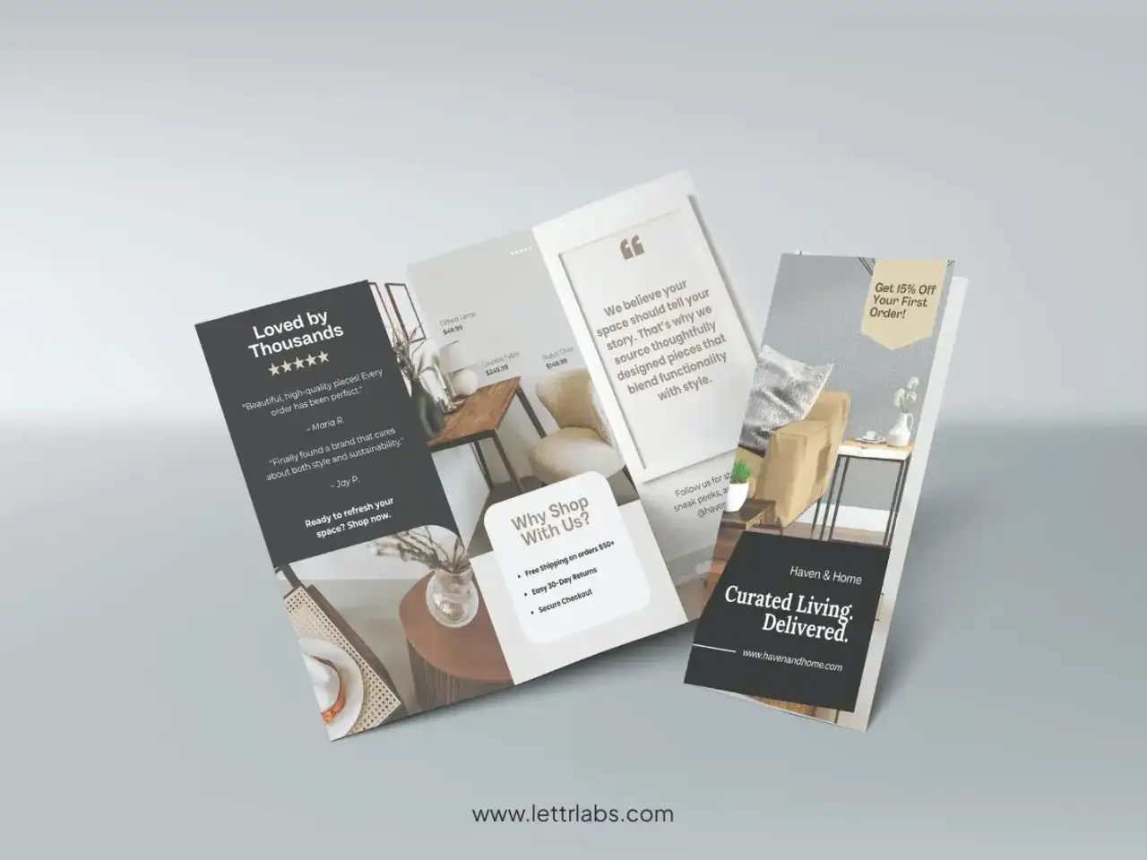 A trifold brochure design showcasing furniture, customer testimonials, and a discount offer for 