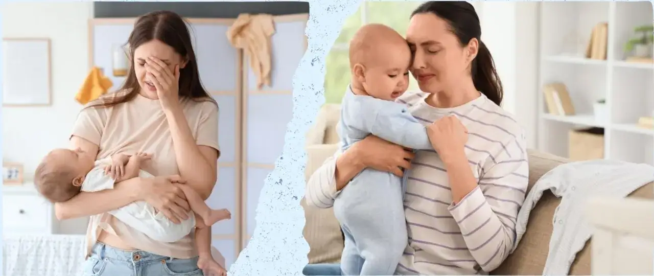 Zmęczona mama z dzieckiem, po lewej smutek, po prawej czułość. Depresja poporodowa leczenie jest możliwe.