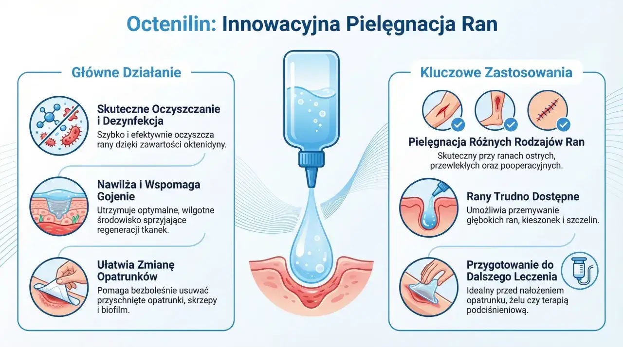 Ilustracja przedstawia działanie oktenidyny w pielęgnacji ran: oczyszczanie, nawilżanie, pomoc w gojeniu, leczenie ran trudno dostępnych i przygotowanie do dalszego leczenia.