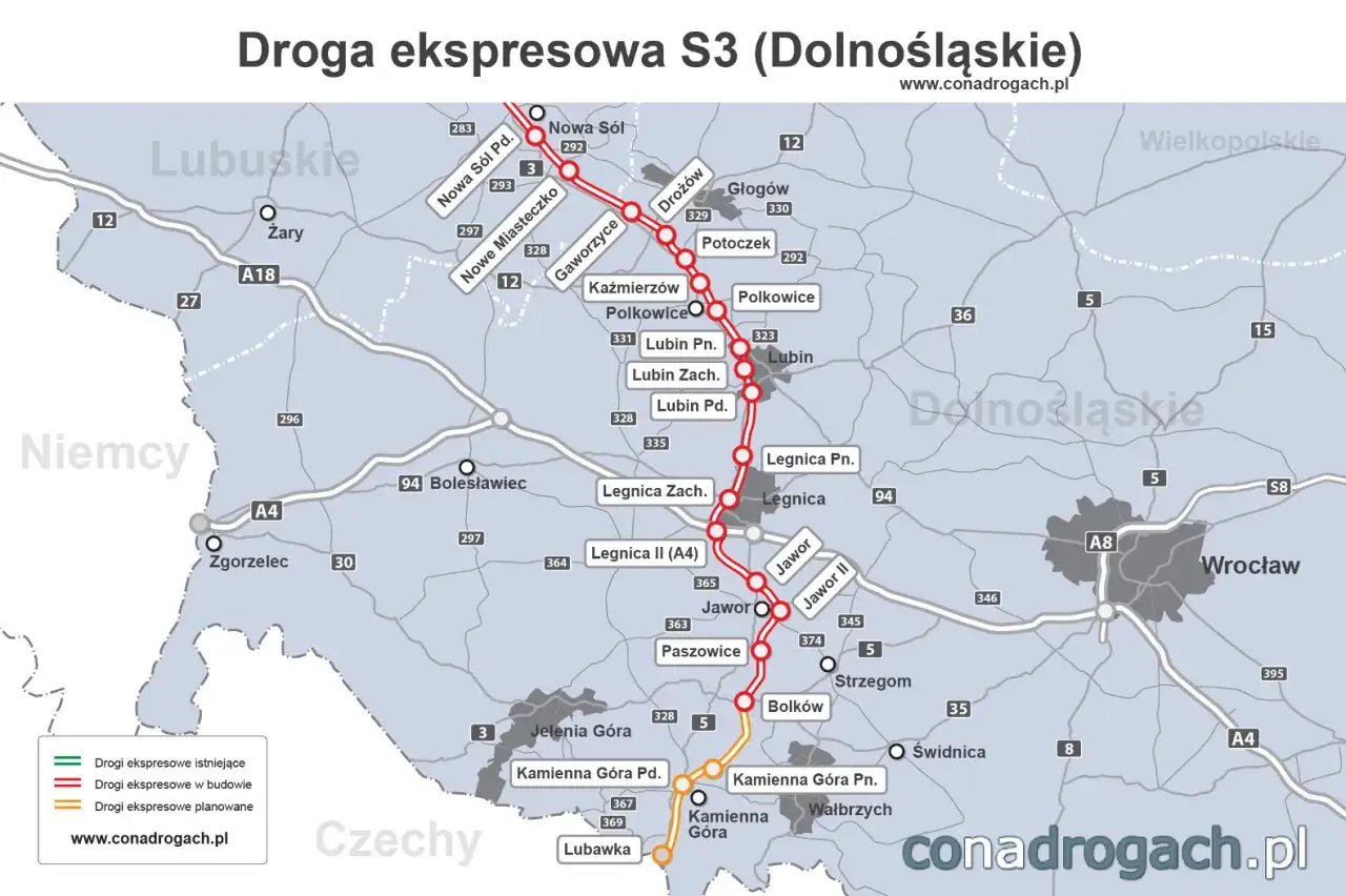 Mapa pokazuje nowa sól trasę S3, łączącą miasta od Nowej Soli po Wrocław i dalej na południe.