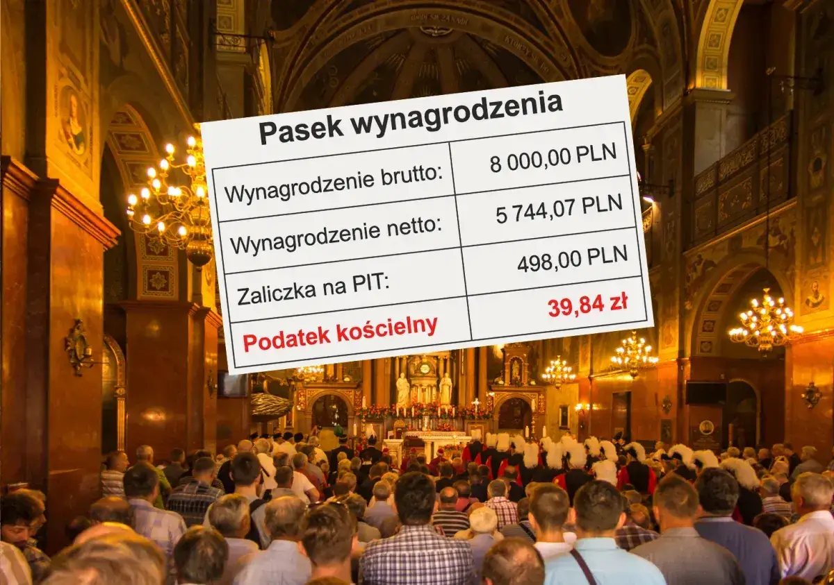 Pasek wynagrodzenia z kwotą 39,84 zł na podatek kościelny na tle wnętrza kościoła z wiernymi.