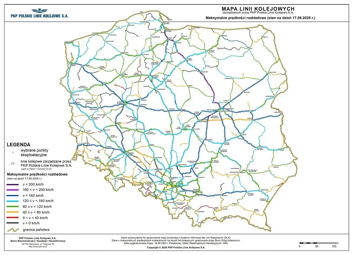 Mapa kolejowa Polski z zaznaczonymi maksymalnymi prędkościami rozkładowymi. Zobacz, jak szybko jedzie pociąg Intercity na poszczególnych trasach.