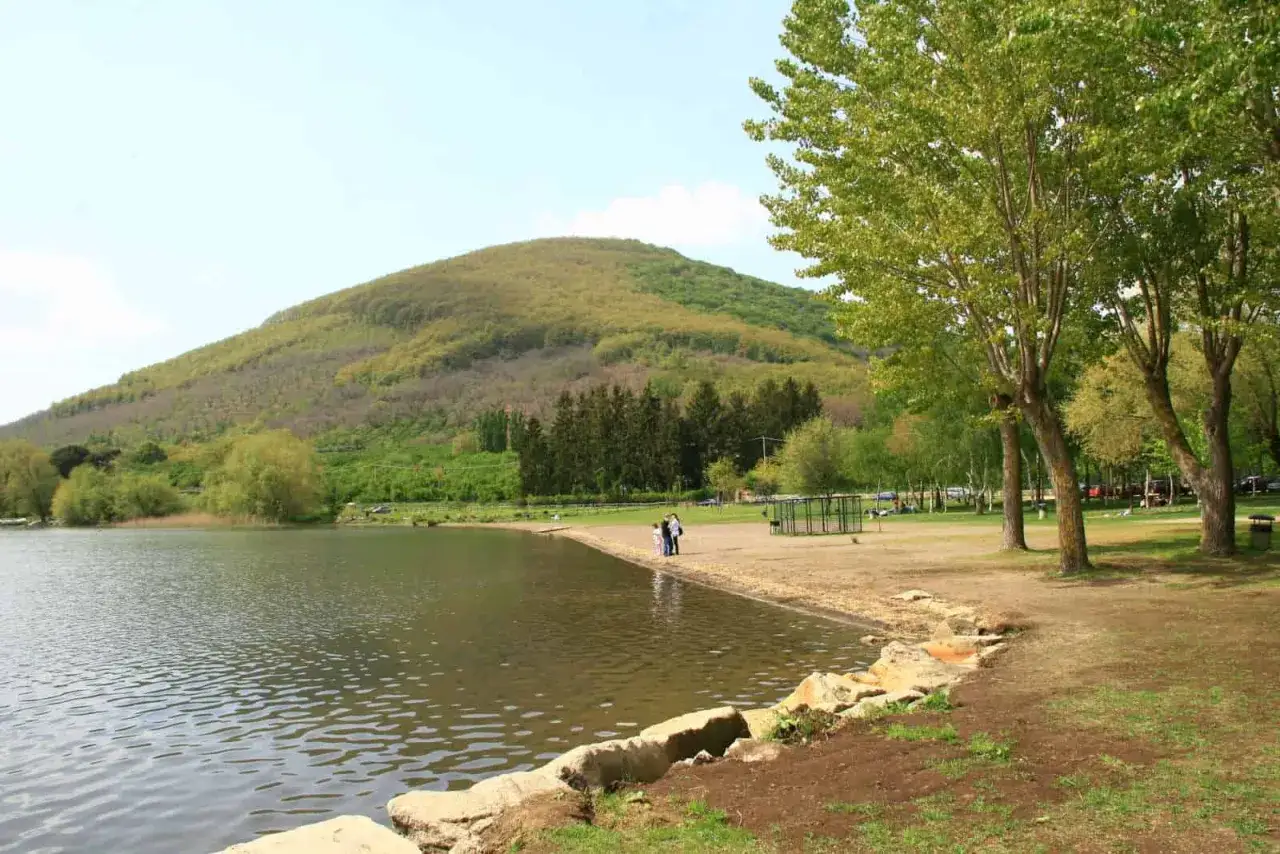 Ronciglione lago: una collina verdeggiante domina la riva sabbiosa, con alberi rigogliosi e un cielo azzurro.