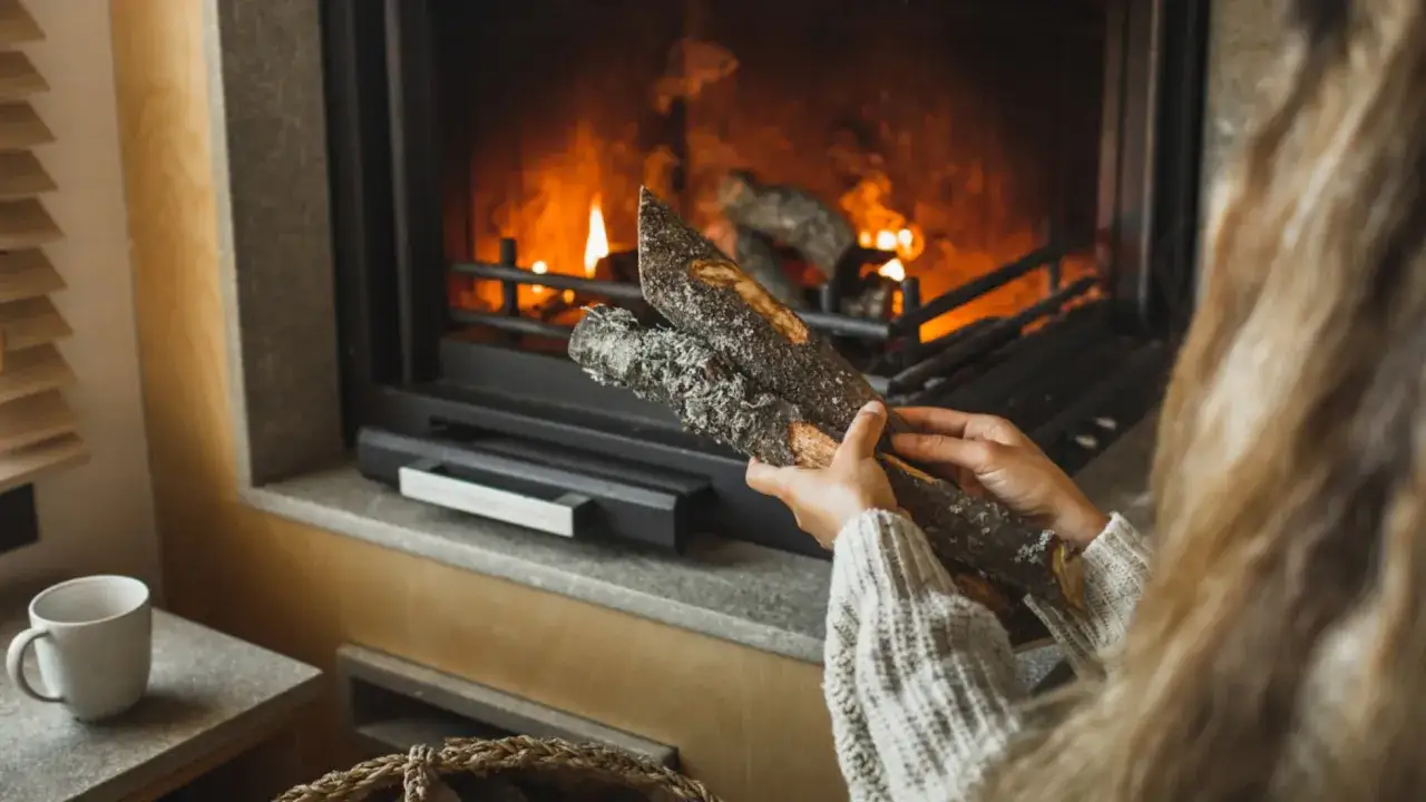 Manos sostienen le&ntilde;a frente a una chimenea encendida, lista para la limpieza de chimeneas.