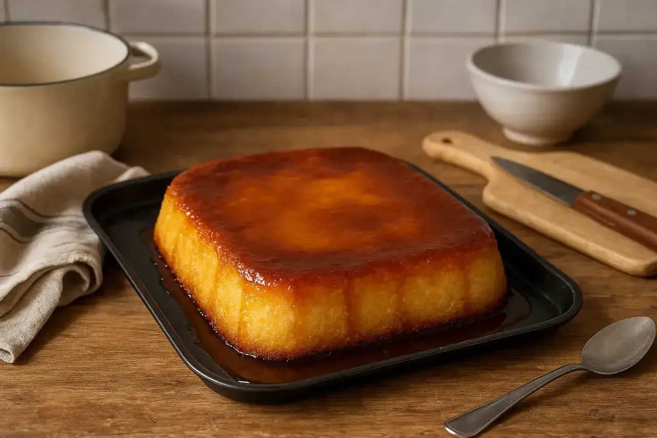 Un délicieux gâteau de semoule, doré et nappé de caramel, prêt à être dégusté.