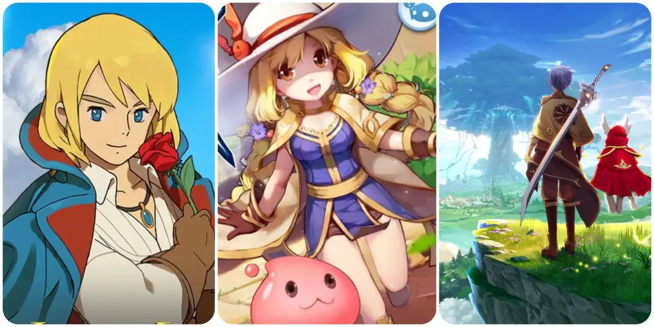 Trzy panele z grafikami postaci z gier anime online: chłopak z różą, dziewczyna w stroju czarodziejki i para bohaterów na tle fantastycznego krajobrazu.