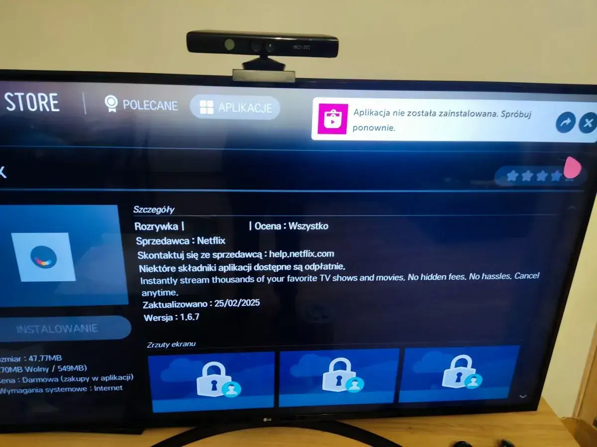 Ekran telewizora LG z informacją