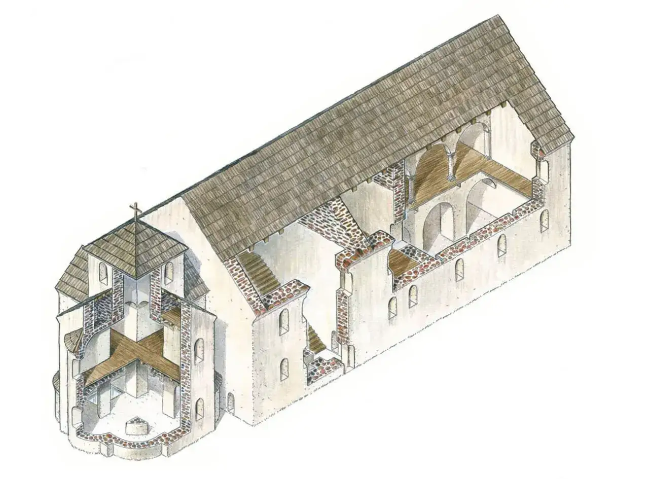 Przekrój architektoniczny kościoła na Ostrowie Lednickim, ukazujący jego romańską bryłę i wnętrze z kamiennymi murami.