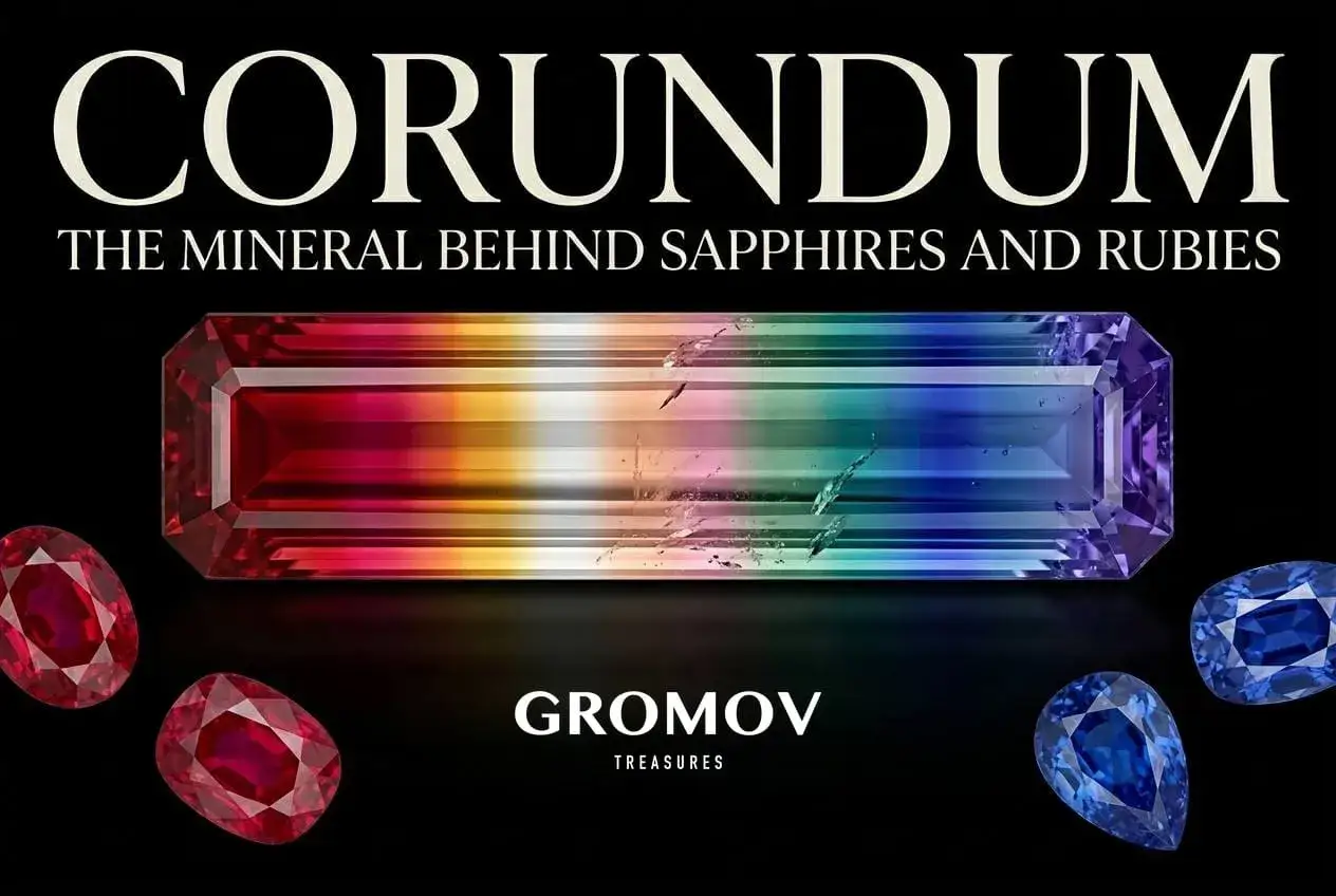 Il corindone, minerale che dà origine a zaffiri e rubini, è mostrato in un prisma arcobaleno e gemme rosse e blu.