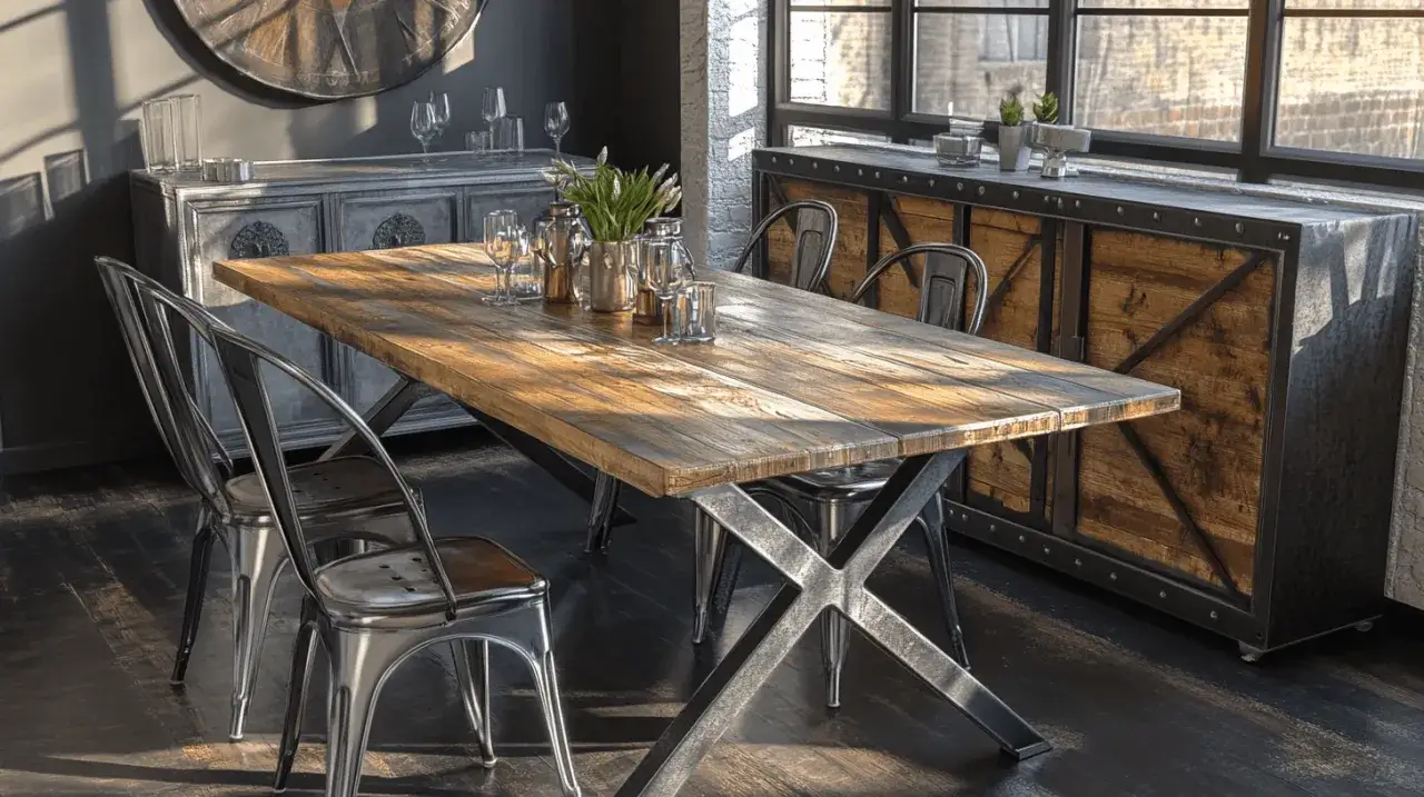 Rustikaler Holztisch mit Metallgestell und silbernen St&uuml;hlen, dazu ein Schrank im industrial landhaus mix Stil.