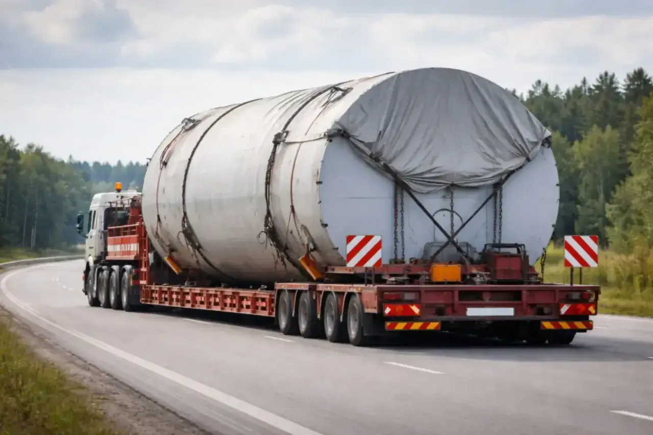 Ciężarówka transportuje ogromny, przykryty zbiornik, którego maksymalna szerokość ładunku wymaga specjalnych zezwoleń.