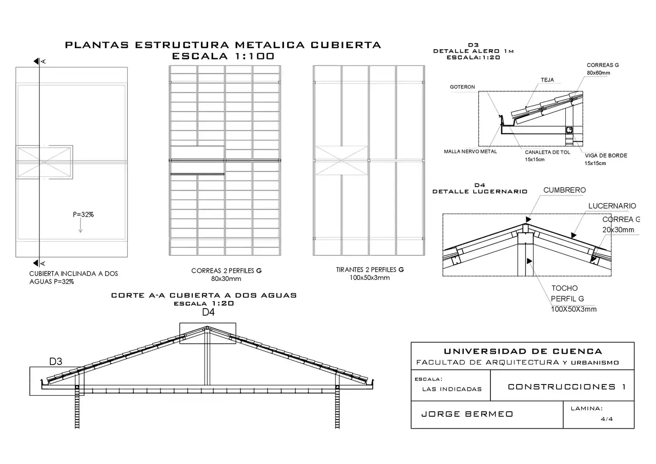Planos de estructura met&aacute;lica para casas con tejado a dos aguas, mostrando detalles de correas, tirantes y lucernarios.