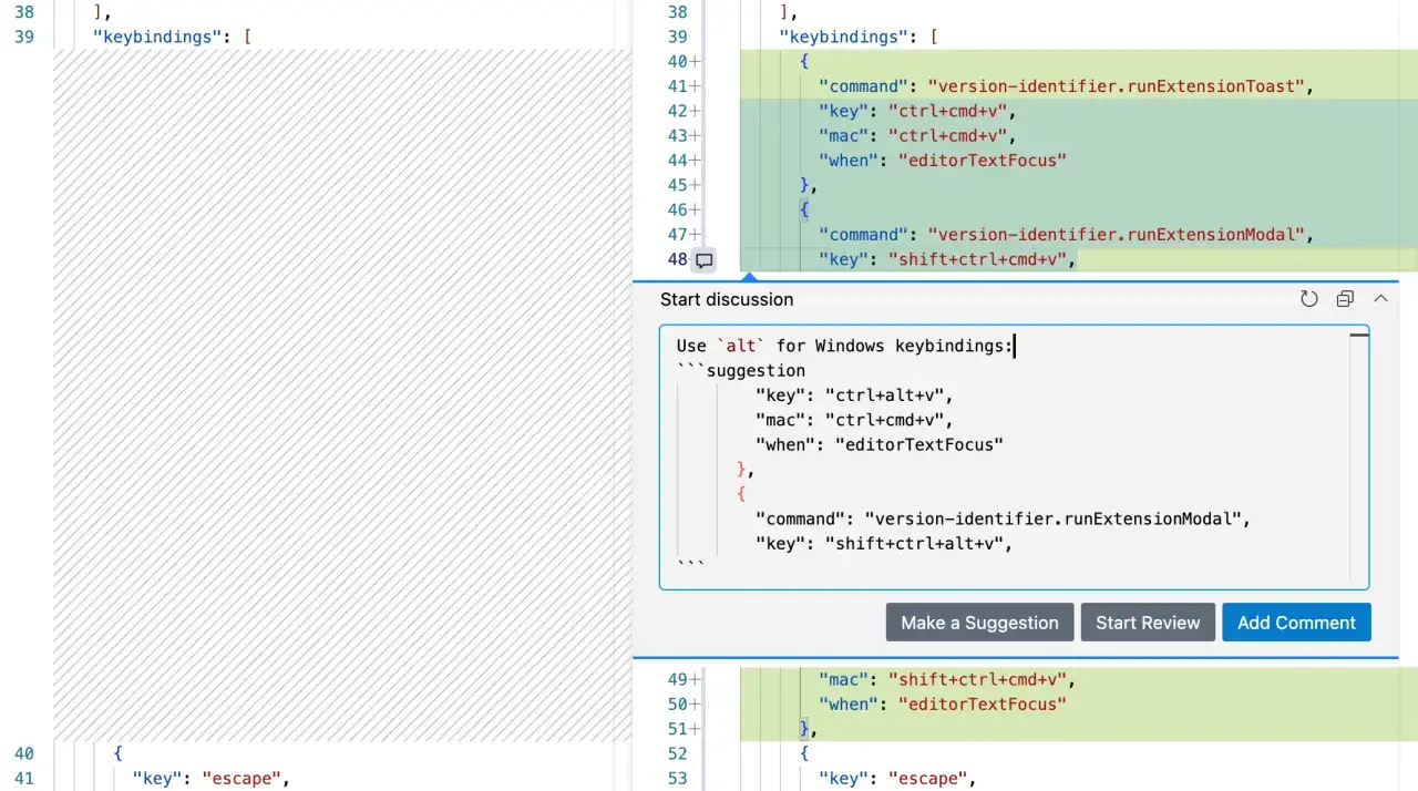 Code sur GitHub, affichant des raccourcis clavier et une suggestion pour les 