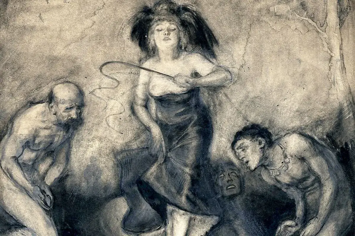Scena z mitologizacji w literaturze: kobieta z batem nad klęczącymi mężczyznami.
