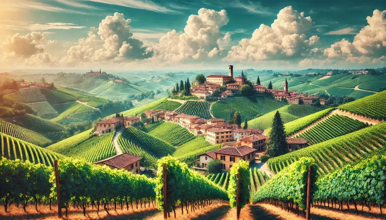 Sanfte H&uuml;gel mit Weinbergen und einem Dorf im **Oltrepo Pavese**. Sonnenschein und Wolken am Himmel.