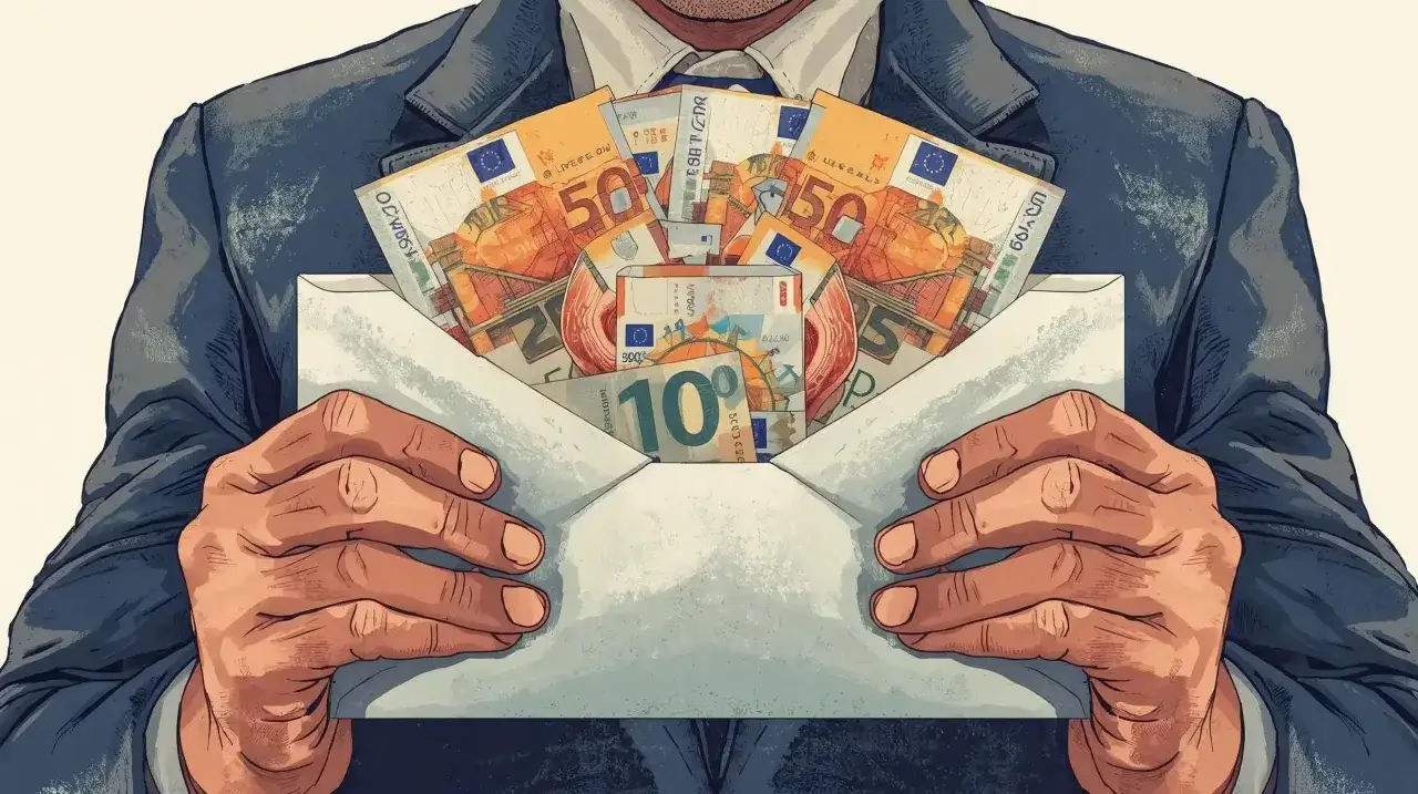 Un uomo in giacca e cravatta tiene una busta piena di euro. Un'immagine che evoca il tema della morte sul lavoro e il risarcimento.