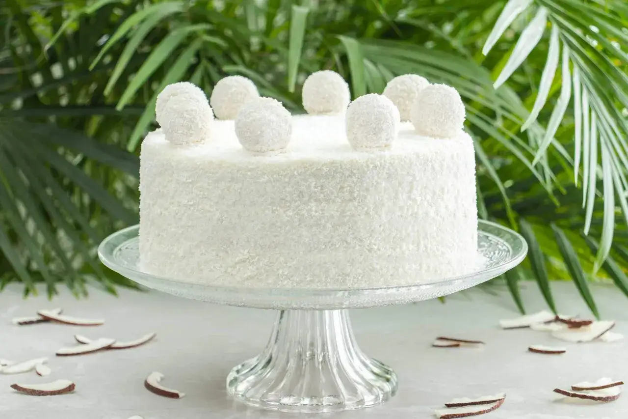 Eine k&ouml;stliche Schoko Kokos Torte, bedeckt mit Kokosraspeln und verziert mit Kokosb&auml;llchen, steht auf einem Glasst&auml;nder.