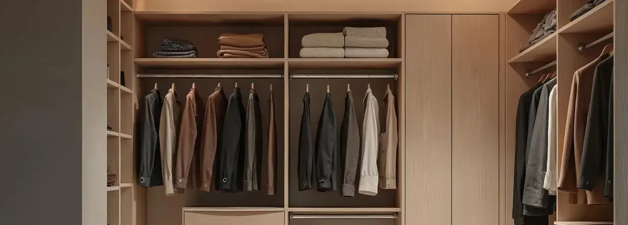 Ordentlicher Kleiderschrank mit Hemden, Jacken und gefalteten Textilien. Man fragt sich, wieviel spart man wenn man keine kleidung mehr kaufen muss.