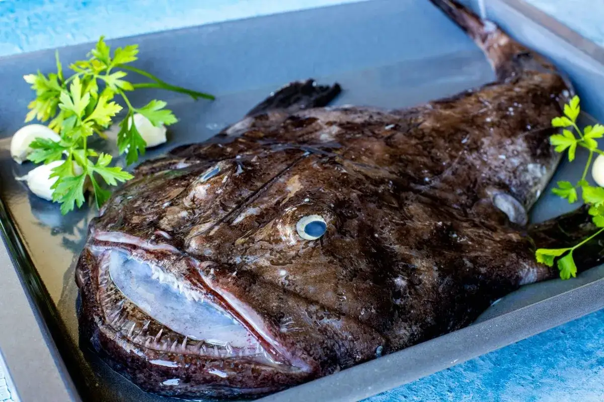 Un rape a la plancha listo para cocinar, con ajos y perejil en una bandeja.