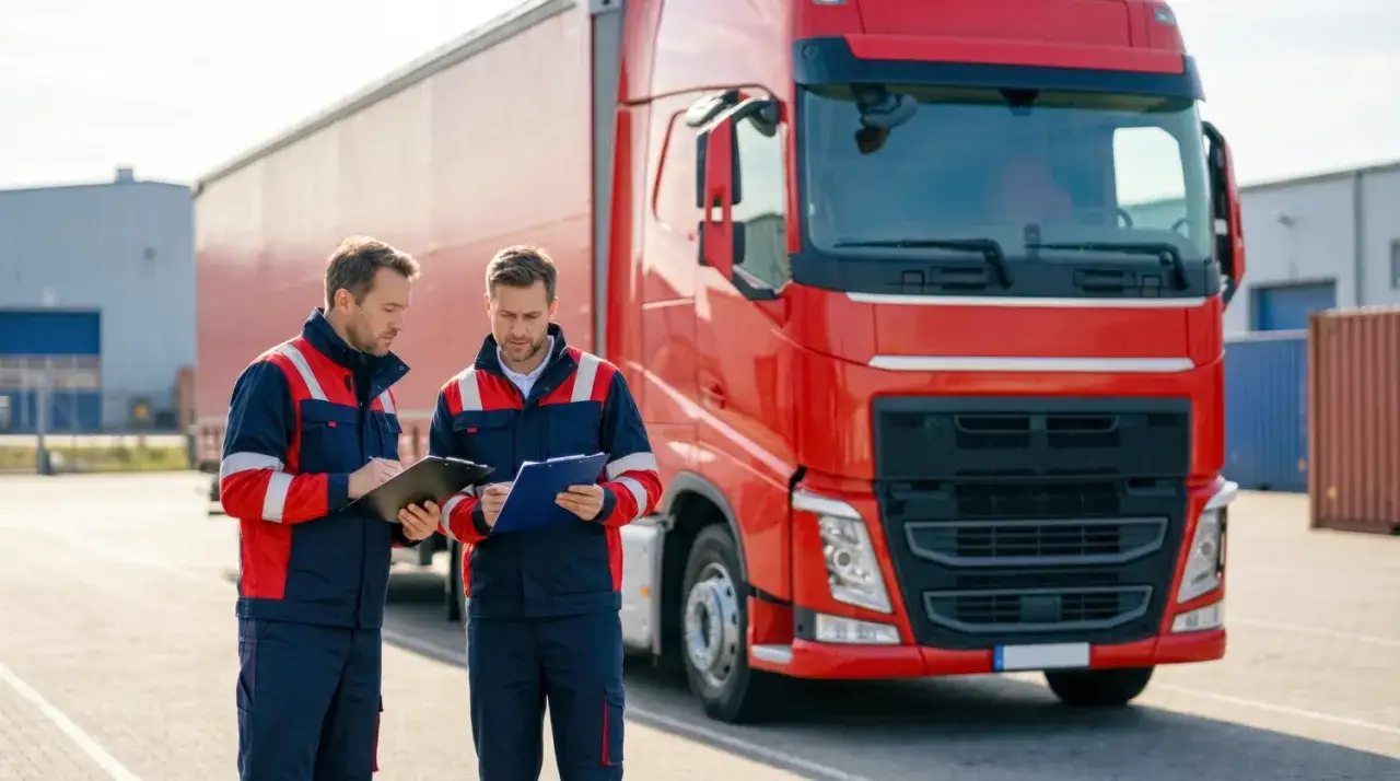 Dwóch mężczyzn w uniformach sprawdza dokumenty przy czerwonej ciężarówce. Kluczowe dokumenty w transporcie międzynarodowym.