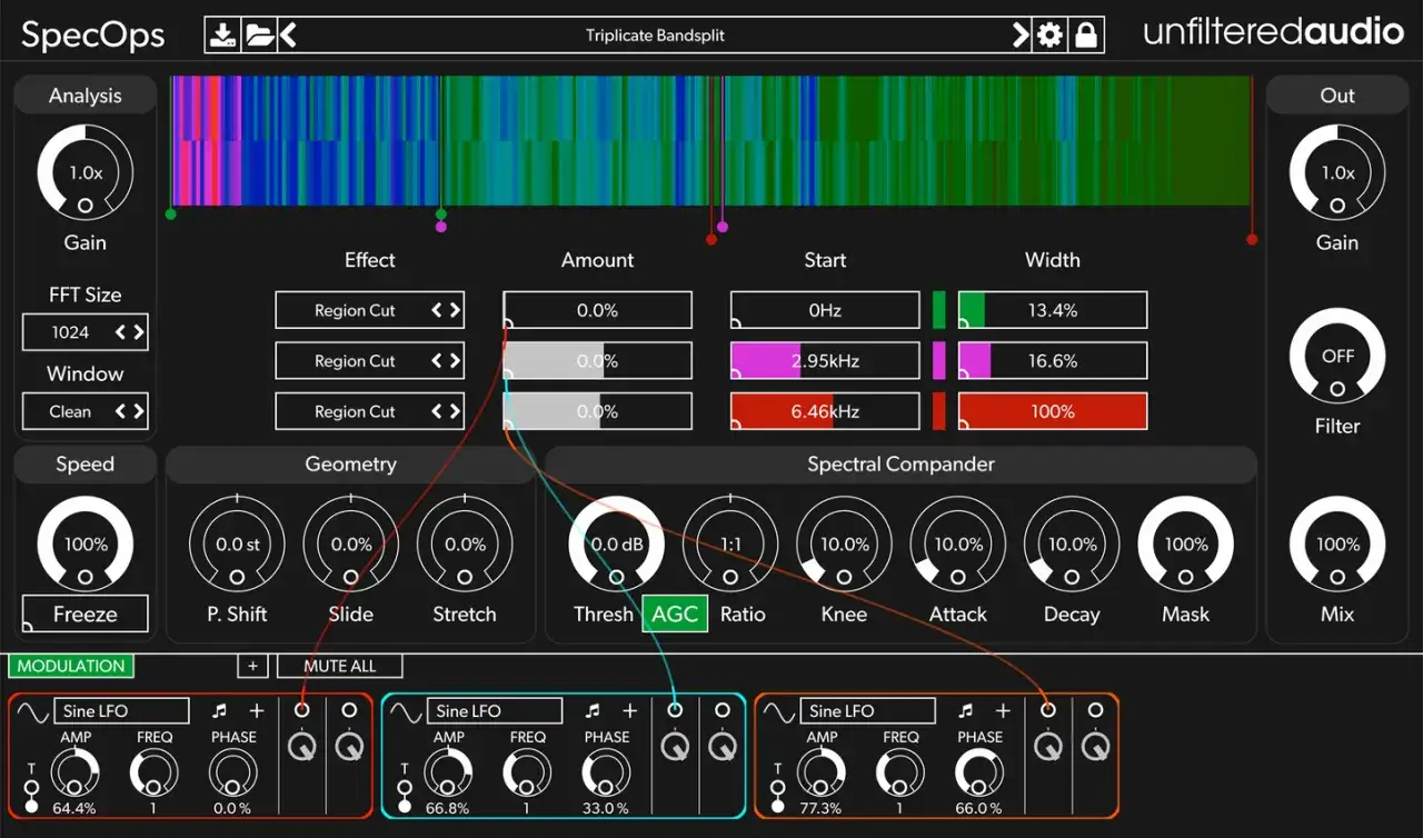 Das SpecOps-Plugin von Unfiltered Audio, ein Beispiel für die besten Plugin Alliance Plugins, bietet detaillierte Spektralbearbeitung mit LFO-Modulation.