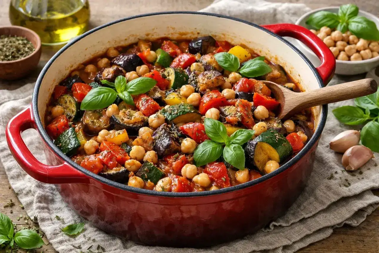 Un plat mijoté de légumes colorés, typique d'une recette ratatouille traditionnelle, avec des pois chiches et des feuilles de basilic frais.