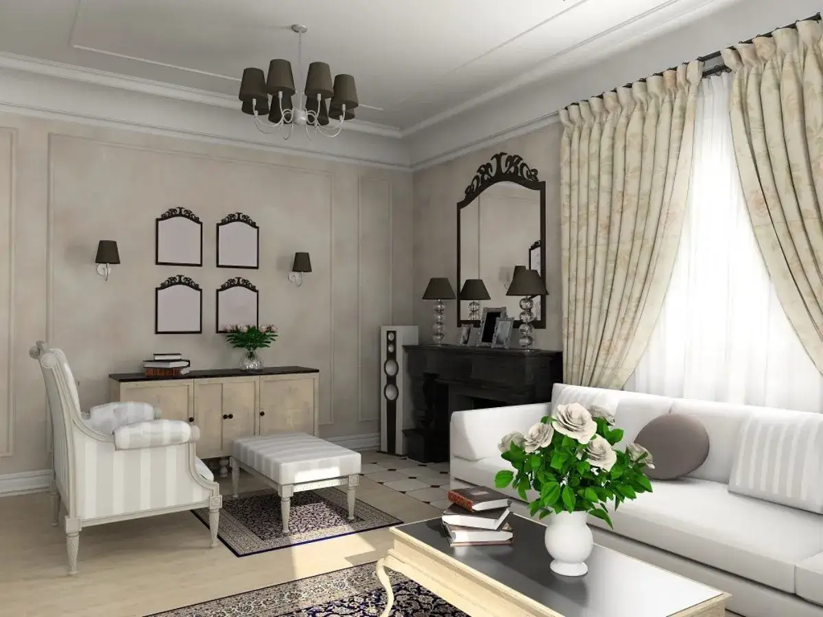 Elegancki salon z białym narożnikiem, kominkiem i ozdobnym sufitem. Gzyms co to? To dekoracyjny element architektoniczny na styku ściany i sufitu.