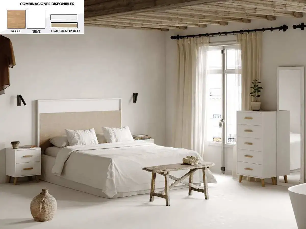 Habitación nórdica con cama, mesitas de noche blancas, cómoda y un banco rústico.